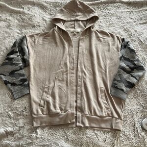 Vintage Havana Tan Hoodie with Gray Camouflage Sleeves